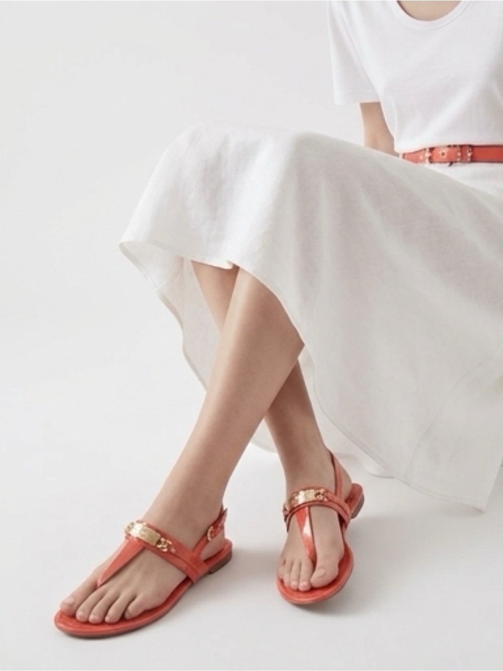 Coach Caterine T-Strap Sandals Coral Patent Leather Gold Hardware | Size 8